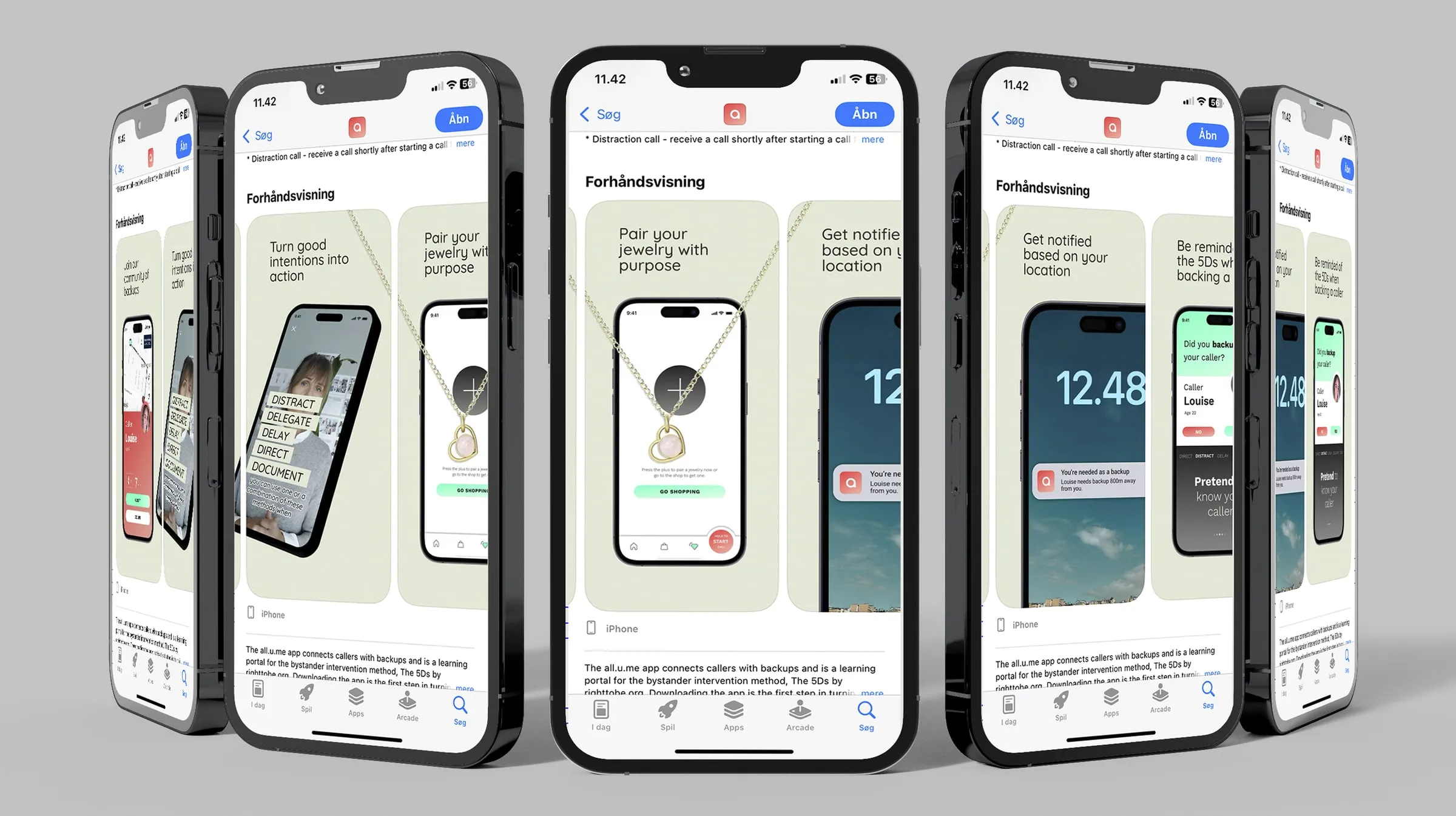 Fem iPhones viser all.u.me-appens side i App Store.